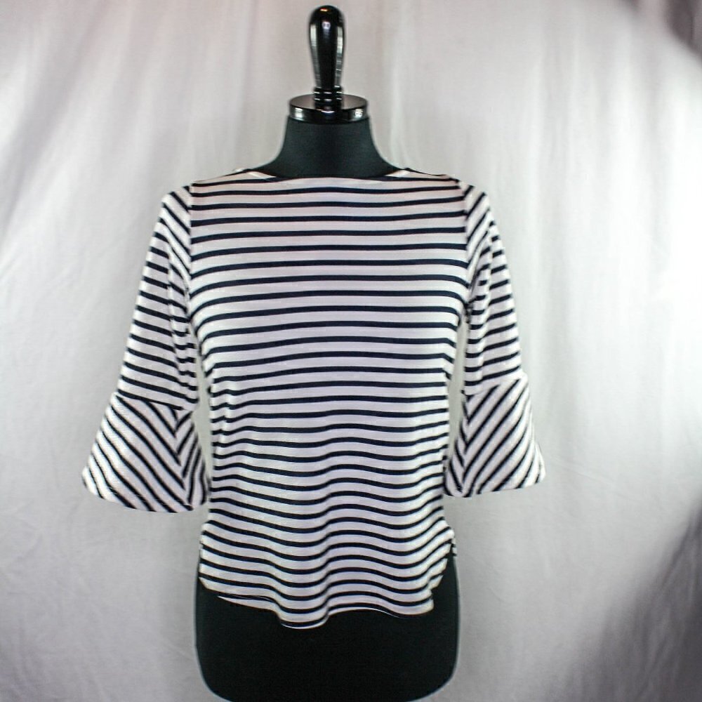 Green Envelope Striped Top Half Bell Sleeve Black White Size S